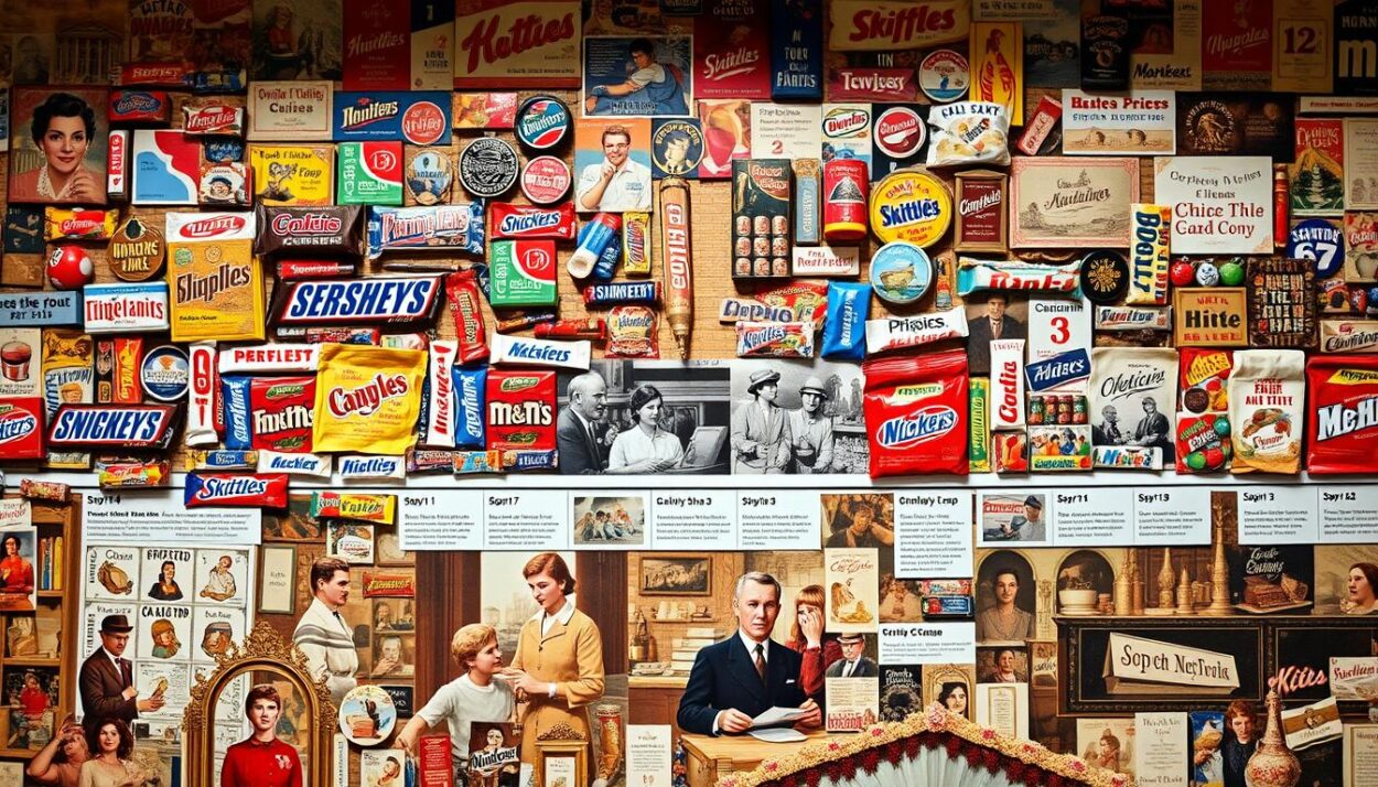 A detailed timeline depicting the evolution of iconic American candy brands across the decades, showcased against a backdrop of vintage-inspired textures and patterns. In the foreground, a collage of retro packaging designs and logos from beloved confections like Hershey's, Snickers, Skittles, and M&M's, arranged in a visually striking manner. The middle ground features a series of historical vignettes, capturing key moments in the rise of these beloved brands, from their humble beginnings to their present-day status as household names. In the background, a mosaic of nostalgic imagery, including old-fashioned candy stores, soda fountains, and whimsical advertisements, creating a rich, immersive atmosphere that celebrates the enduring allure of American candy culture.