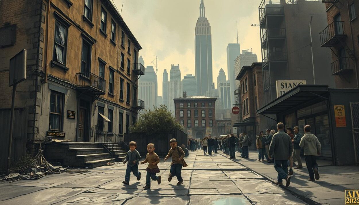 A dilapidated tenement in a gritty urban landscape, its weathered facade a testament to the hardships of its residents. In the foreground, a group of children play on a cracked sidewalk, their clothes worn and faces etched with the strain of poverty. The middle ground reveals a soup kitchen, its line of weary patrons snaking around the block, while the background is punctuated by the silhouettes of towering skyscrapers - a jarring contrast between the haves and the have-nots. The scene is bathed in a muted, overcast light, casting long shadows and conveying a sense of bleakness and despair. The composition emphasizes the isolation and hopelessness of the situation, capturing the harsh realities of poverty in America.