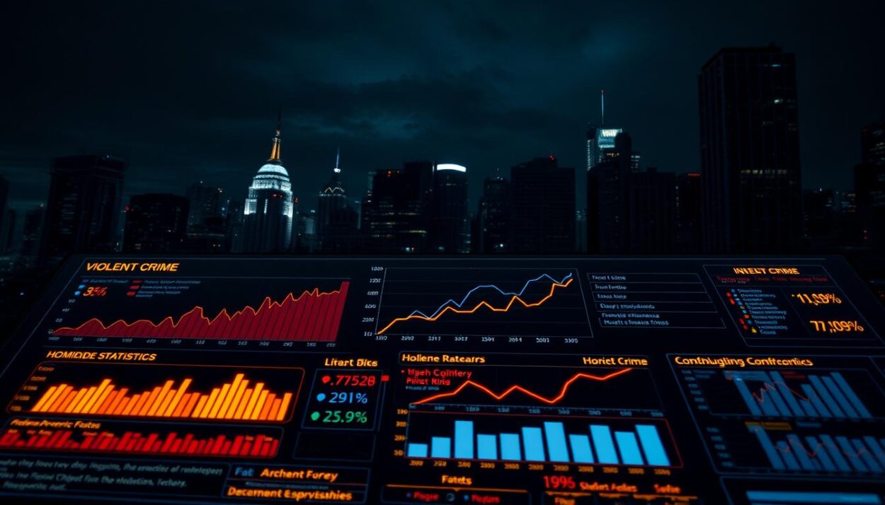 A dimly lit metropolitan cityscape at night, the skyline punctuated by towering high-rises. In the foreground, a detailed data visualization dashboard hovers above a table of crime statistics, glowing with neon hues. Projected graphs and charts depict trends in violent crime, homicide rates, and contributing socioeconomic factors. The scene is bathed in a moody, cinematic lighting, casting dramatic shadows and highlights. The overall tone is one of analytical urgency, underscoring the gravity of the subject matter. The camera angle is slightly elevated, lending a sense of detachment and objectivity to the viewer's perspective.