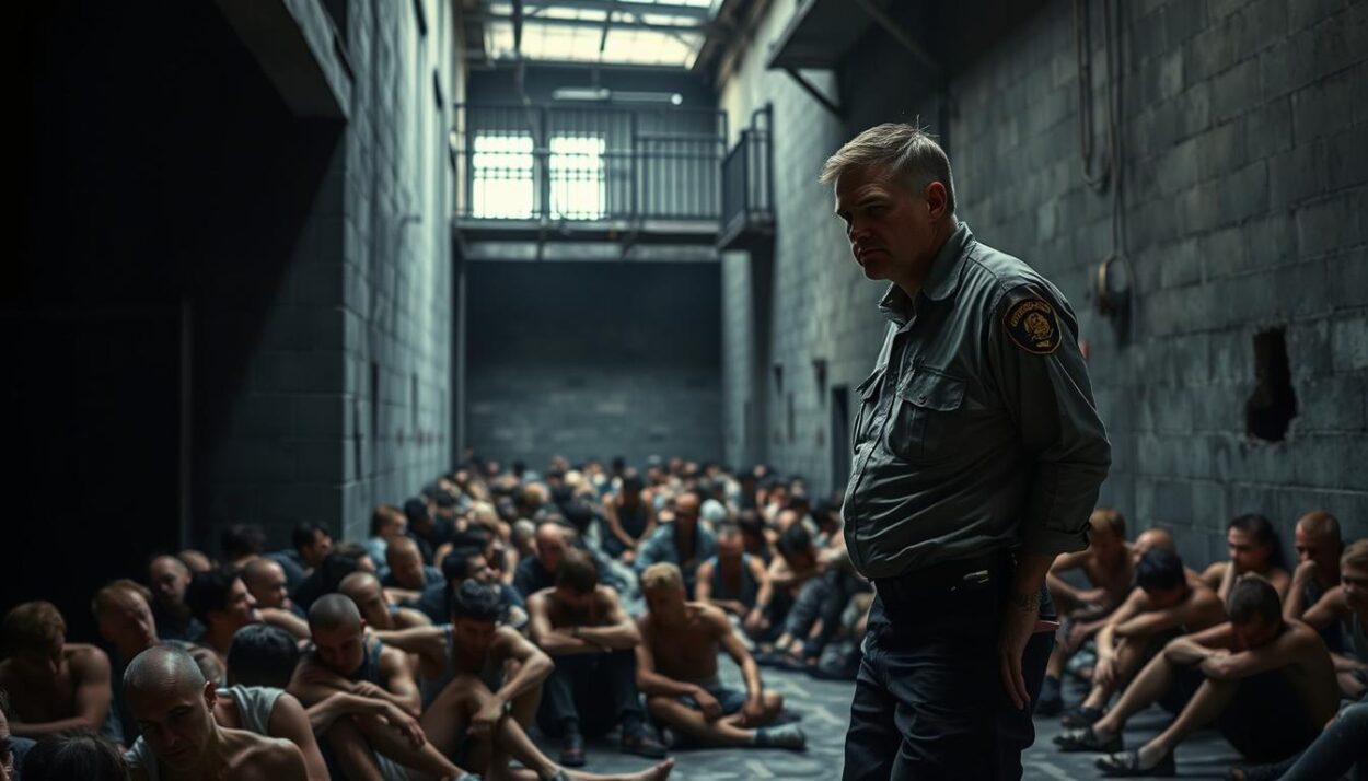 A dimly lit prison interior, the walls a dull gray, overcrowded with inmates sitting on the floor, their faces etched with exhaustion. In the foreground, a single corrections officer attempts to maintain order, their uniform disheveled, the strain evident in their body language. The background reveals a sparse, understaffed facility, with crumbling infrastructure and a sense of neglect. The lighting is harsh, casting deep shadows that accentuate the bleak and oppressive atmosphere. The scene conveys the dehumanizing conditions and the systemic challenges of the prison system, captured through a cinéma vérité aesthetic.