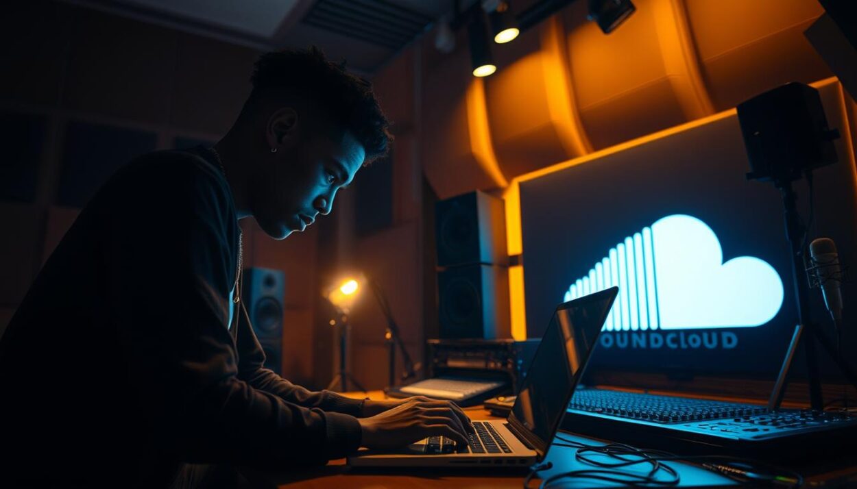 A dimly lit recording studio, bathed in warm, soft lighting. In the foreground, a young man, Xxxtentacion, hunches over a laptop, hands flying across the keyboard as he fine-tunes his track on SoundCloud. The walls are covered in soundproofing panels, and various music equipment - microphones, speakers, and a mixing console - are visible in the middle ground. In the background, a large SoundCloud logo glows, casting a subtle blue hue over the scene, symbolizing the artist's meteoric rise to fame on the platform. The atmosphere is one of intense focus and creative energy, capturing the essence of Xxxtentacion's early musical journey and the determination that fueled his SoundCloud success.