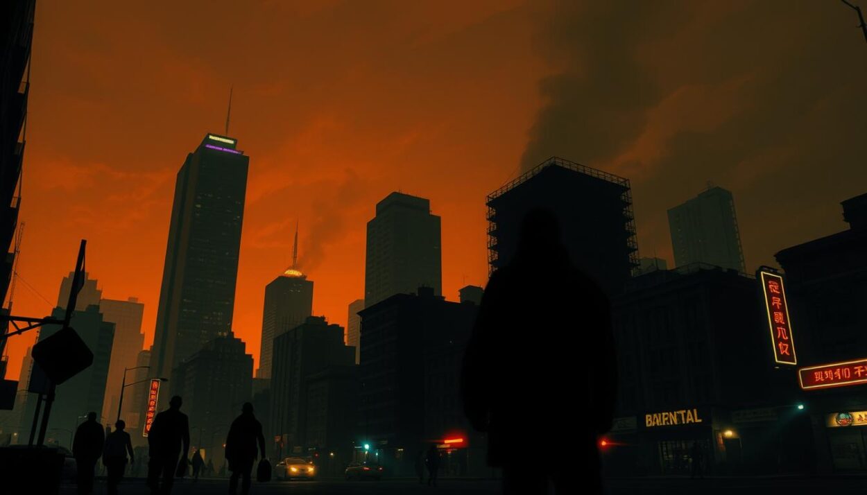 A dimly lit urban landscape, the silhouettes of skyscrapers and crumbling buildings against a hazy, orange-tinged sky. In the foreground, shadowy figures move furtively, as neon signs and flickering streetlights cast an eerie glow over the scene. The air is thick with tension, with a sense of danger and unease permeating the environment. The image captures the essence of the 10 cities with the highest crime rates in the US, a testament to the challenges and complexities of urban crime in the year 2025.