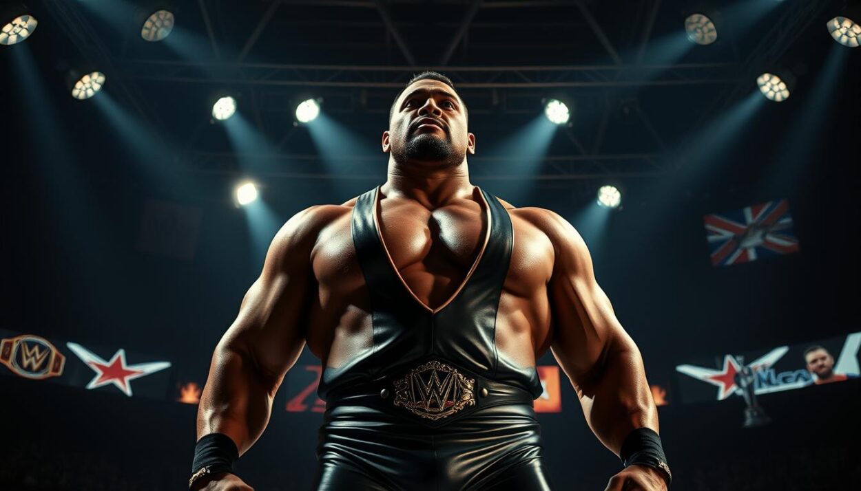 A dramatic, cinematic portrayal of Tyrus' illustrious wrestling career achievements. A powerful figure stands center stage, muscles rippling, adorned in a sleek, custom-tailored wrestling attire. Spotlights illuminate the scene, casting dramatic shadows and highlights that accentuate the wrestler's imposing presence. In the background, subtle visual nods to Tyrus' career milestones - championship belts, trophies, and iconic wrestling venues - create a sense of legacy and hard-earned success. The overall mood is one of hard-earned triumph, capturing the essence of Tyrus' storied wrestling career.