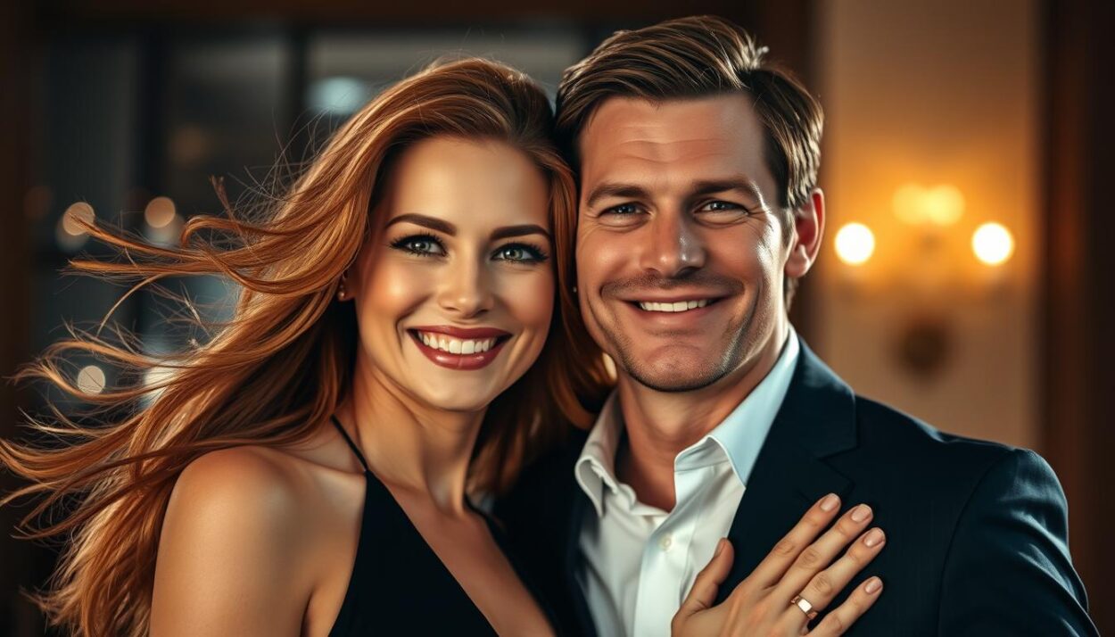 A glamorous woman with flowing auburn hair and radiant skin stands elegantly beside Ryan Seacrest, her warm smile and loving gaze conveying a sense of intimacy and affection. They are captured in a meticulously lit, high-resolution portrait, framed by a softly blurred background that suggests an upscale, romantic setting. The lighting is a harmonious balance of soft, directional illumination that accentuates their features and creates a captivating, cinematic atmosphere.