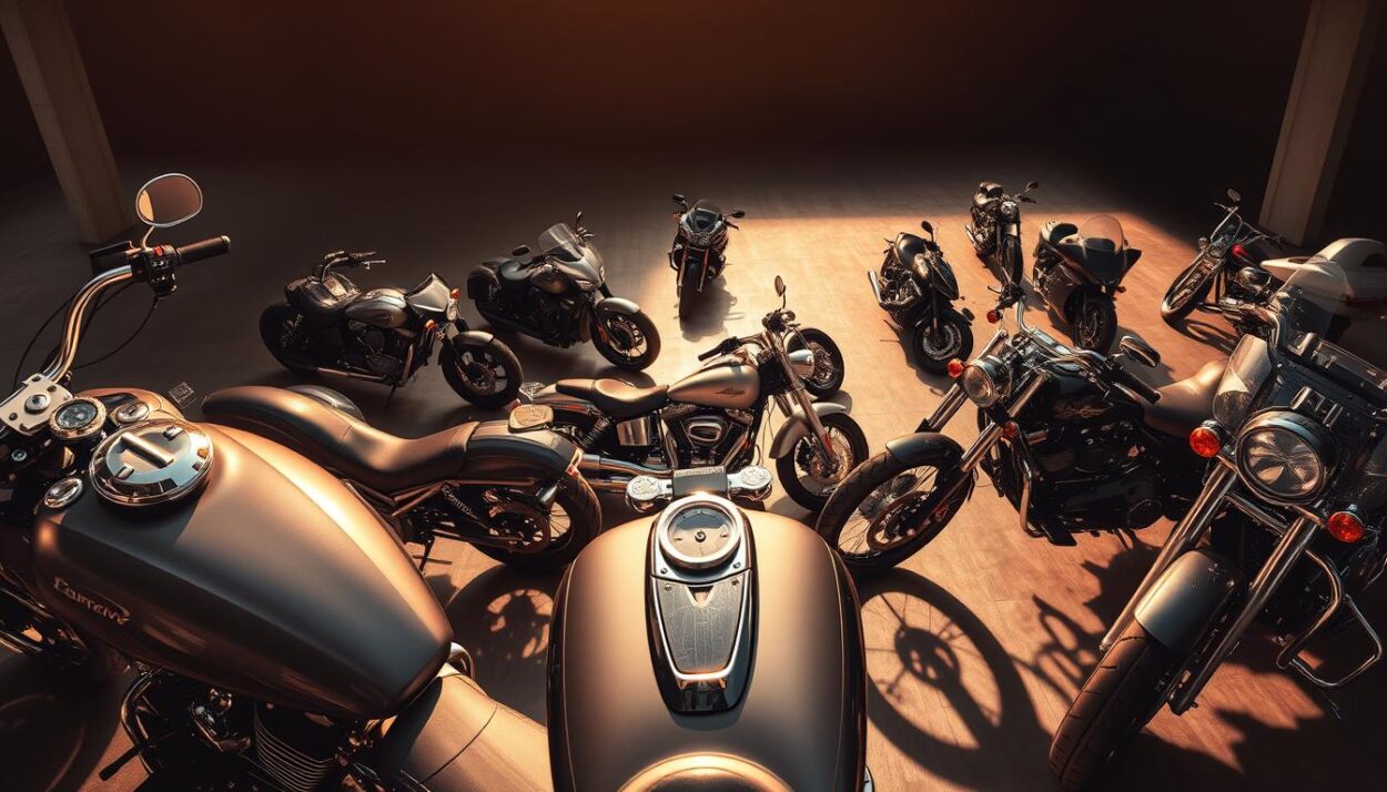 A high-angle view showcasing the iconic silhouettes of leading American motorcycle brands in a sleek and dynamic display. In the foreground, the chrome-clad frames and sculpted fuel tanks of cutting-edge cruisers gleam under warm, directional lighting, casting dramatic shadows that accentuate their powerful profiles. In the middle ground, a lineup of contemporary sportbikes with aerodynamic fairings and aggressive stances commands attention, while in the background, the muscular frames of legendary American-made choppers and touring models lend an air of timeless heritage. The scene exudes a sense of raw power, innovation, and the enduring spirit of American motorcycle engineering.