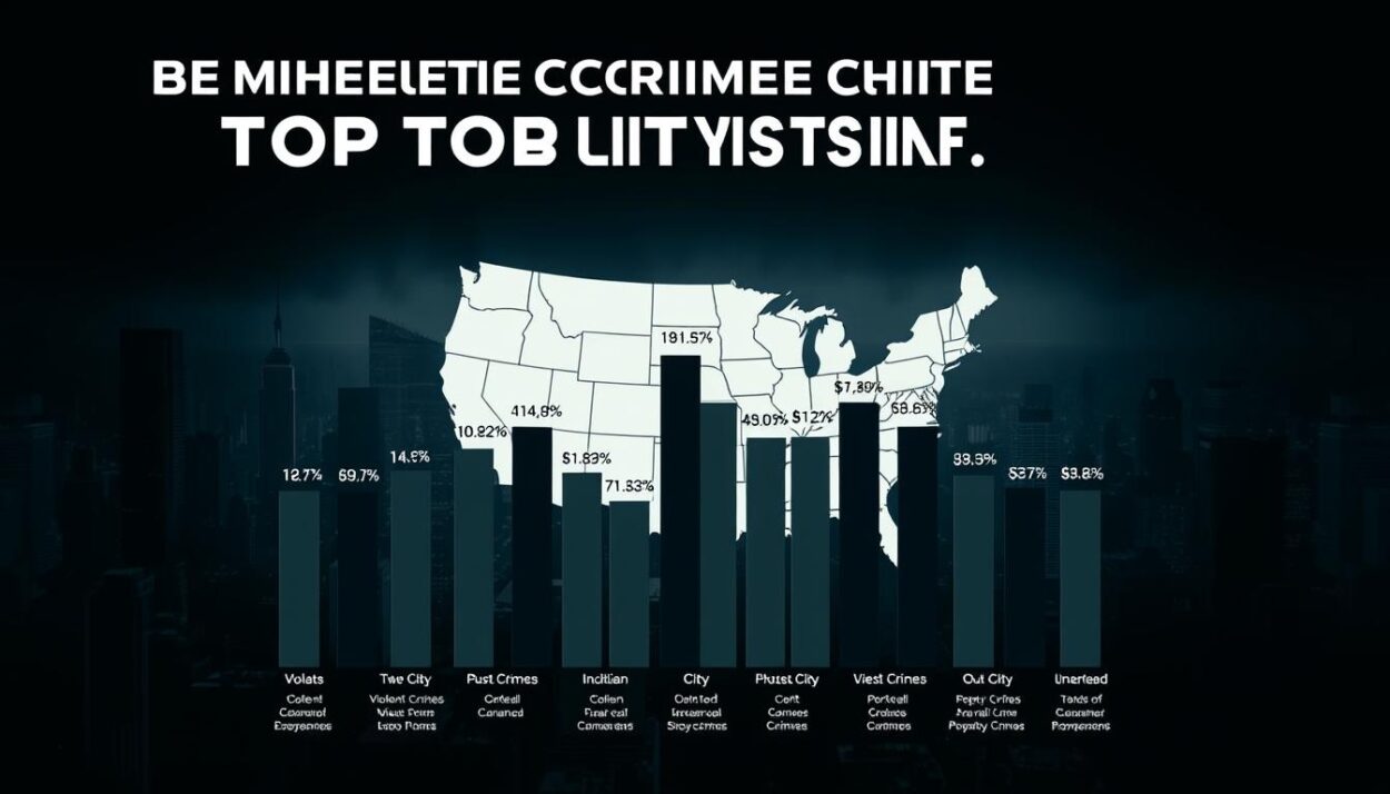 A high-contrast, data visualization-style image depicting the comparative crime statistics of the top 10 U.S. cities in 2025. The foreground features a grid-like arrangement of bar graphs, each representing a city's key crime metrics such as violent crimes, property crimes, and overall crime rates. The middle ground showcases a stylized map of the United States, with the highlighted cities clearly marked. The background is a moody, desaturated cityscape, conveying the seriousness of the topic. The lighting is dramatic, creating a sense of urgency, with deep shadows and highlights accentuating the data visualizations. The overall aesthetic is sleek, modern, and data-driven, designed to effectively communicate the comparative crime analysis.