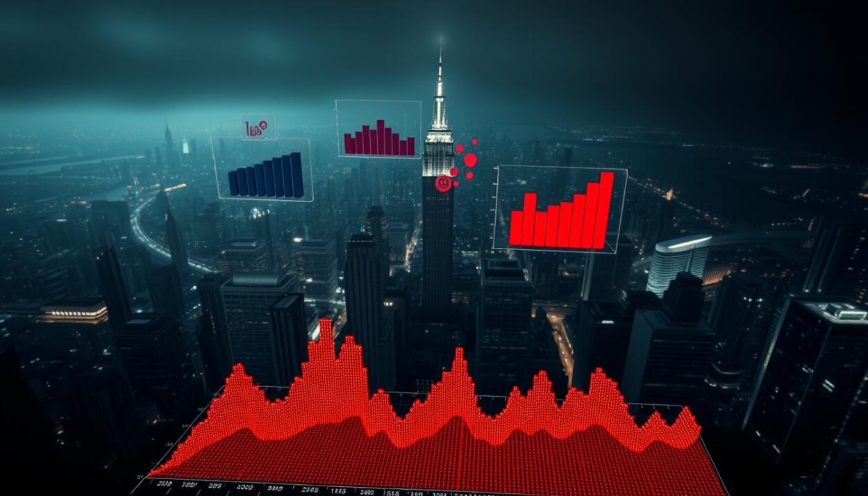 A high-contrast, top-down view of a city skyline at night, with heatmap-style visualizations overlaying crime statistics data. The cityscape is illuminated by harsh, directional lighting, casting dramatic shadows that convey a sense of foreboding. In the foreground, a graph or chart displays detailed violent crime rate analysis, the data points glowing with an ominous crimson hue. The middle ground features various 3D data visualization elements, such as bar charts and scatter plots, floating above the shadowy urban landscape. The background is blurred, emphasizing the analytical focus of the image.