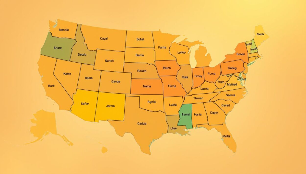 A high-quality map of the United States, showcasing the top agricultural producing states in 2025. The map should be detailed, with clear state boundaries and prominent labeling of the top 5-10 states by agricultural production. The states should be color-coded or shaded to represent their relative ranking, with the highest producers in the deepest, most vibrant hues. The map should be rendered with a realistic, photographic style, with accurate geographic details and a warm, sun-drenched lighting that evokes the fertile heartland of America. The overall composition should be clean, balanced, and easy to read, emphasizing the data in a visually striking way.