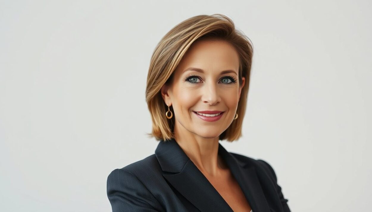 A high-quality portrait photograph of Ashley Broad, a successful television personality and media executive. The image depicts Broad in a confident, professional pose, dressed in a well-tailored business suit against a clean, minimalist background. Soft, directional lighting highlights her face and brings out the details of her confident, poised expression. The depth of field is shallow, keeping the subject in sharp focus while blurring the background for a stylish, magazine-worthy aesthetic. The overall mood is one of success, achievement, and a polished, authoritative presence.