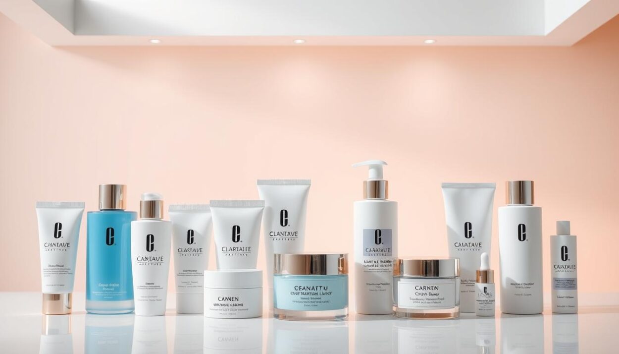 A high-quality, professional-looking image showcasing the top American skincare brands in 2025. The image should have a clean, minimalist aesthetic with a slightly futuristic feel. Set in an elegant, modern studio environment with soft, diffused lighting, the image should feature a neatly arranged display of sleek, minimalist product packaging for the top 12 American skincare brands. The packaging should be rendered in a realistic style with a focus on tactile materials, textures, and high-end branding. The overall composition should be well-balanced, with the products taking center stage against a simple, neutral background that allows the branding and design of the products to shine. The mood should convey a sense of sophistication, quality, and innovation in the American skincare industry.