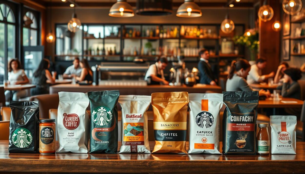 A high-quality, ultra-detailed image of the top 12 popular coffee brands in the USA as of 2025. Set against a warm, cozy café-like backdrop with wooden tables, plush leather chairs, and soft lighting. The brands are prominently displayed in the foreground, each with its distinct logo, packaging, and branding, showcasing their unique characteristics and appeal. The middle ground features baristas in crisp uniforms skillfully preparing various coffee drinks, while the background subtly portrays the vibrant café atmosphere with customers engaged in lively conversation. Capture the rich aroma, artisanal craftsmanship, and the overall allure of the thriving American coffee culture.