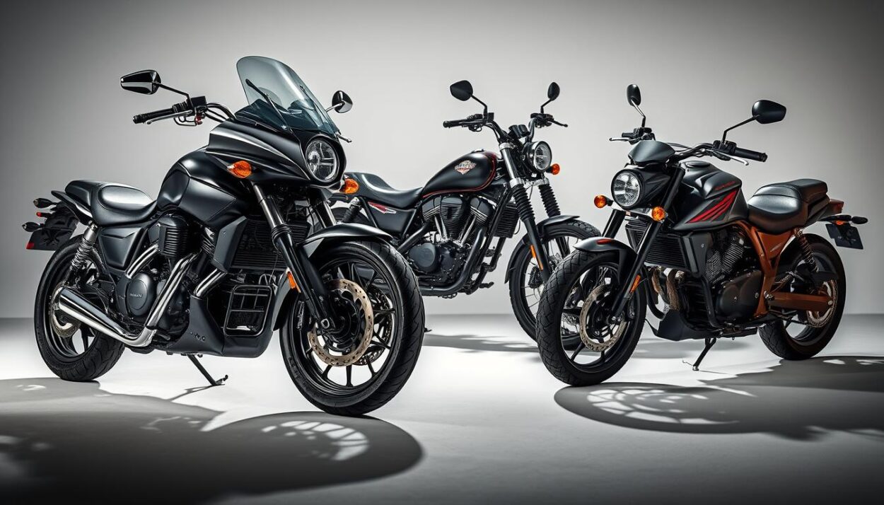 A high-resolution photograph of the top American motorcycle models for 2025, captured in a captivating studio setting. The foreground features a sleek, chrome-accented cruiser and a rugged dual-sport adventure bike, each meticulously detailed. In the middle ground, a classic chopper and a modern sport bike stand side by side, showcasing the diverse range of American motorcycle design. The background is softly blurred, creating a sense of depth and focus on the featured bikes. Dramatic, directional lighting casts striking shadows, highlighting the curves and contours of the machines. The overall atmosphere conveys a sense of power, innovation, and the enduring legacy of American motorcycle engineering.