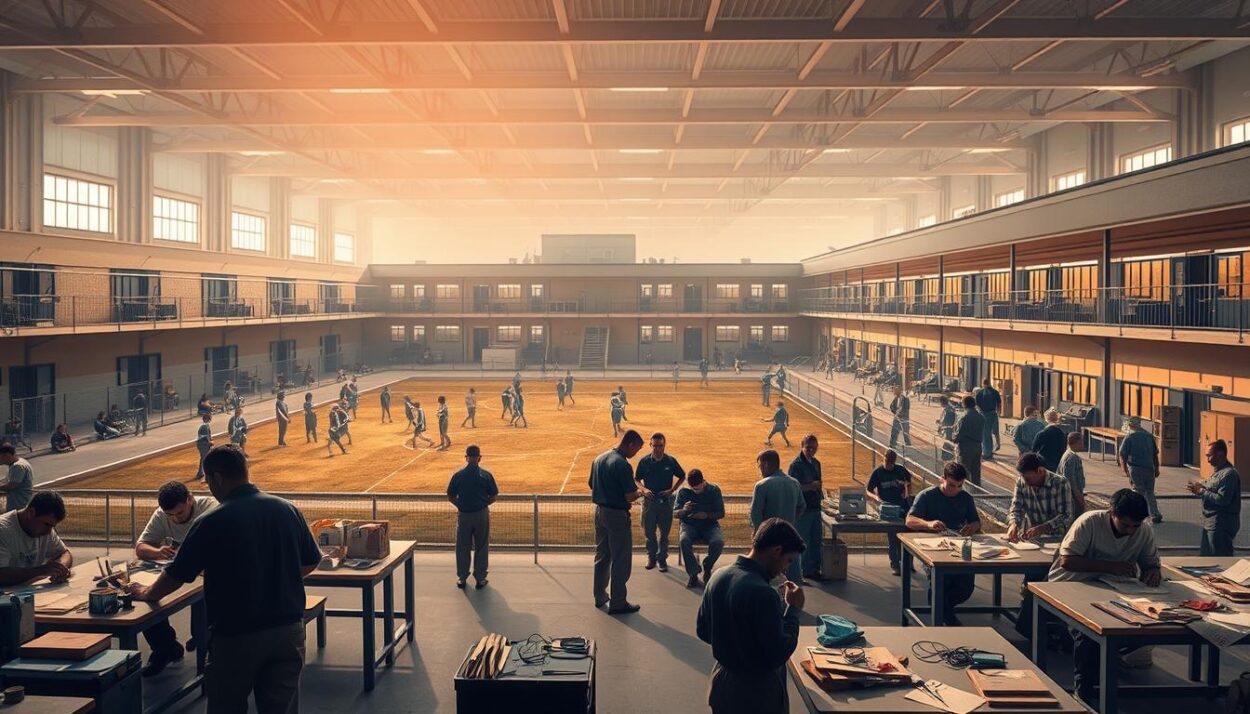 A large, modern prison complex with a focus on rehabilitation and reintegration. In the foreground, a group of inmates engaged in a vocational training program, working diligently on various crafts and skills. The middle ground showcases an expansive recreation yard, where inmates participate in sports and physical activities under the watchful eye of guards. In the background, a series of well-equipped classrooms and therapy spaces, where inmates receive counseling, educational opportunities, and mental health support. The lighting is warm and natural, creating a sense of hope and progress. The overall atmosphere conveys a sense of structure, care, and a genuine commitment to helping inmates build a better future.