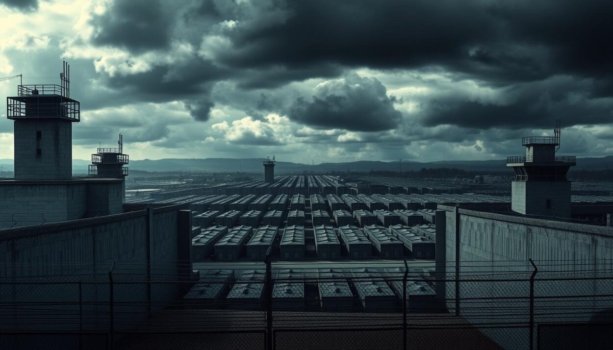 A massive high-security prison complex set against a cloudy, foreboding sky. The towering, grey concrete walls and razor-wire fences dominate the foreground, casting long shadows. Guard towers with searchlights stand vigilant at the corners. In the middle ground, rows of identical cell blocks stretch out, their windows like unblinking eyes. Beyond, the silhouettes of more buildings recede into the distance, creating a bleak, oppressive atmosphere. The whole scene is lit by a moody, low-angle lighting that accentuates the harsh lines and creates deep shadows, conveying a sense of confinement and hopelessness.
