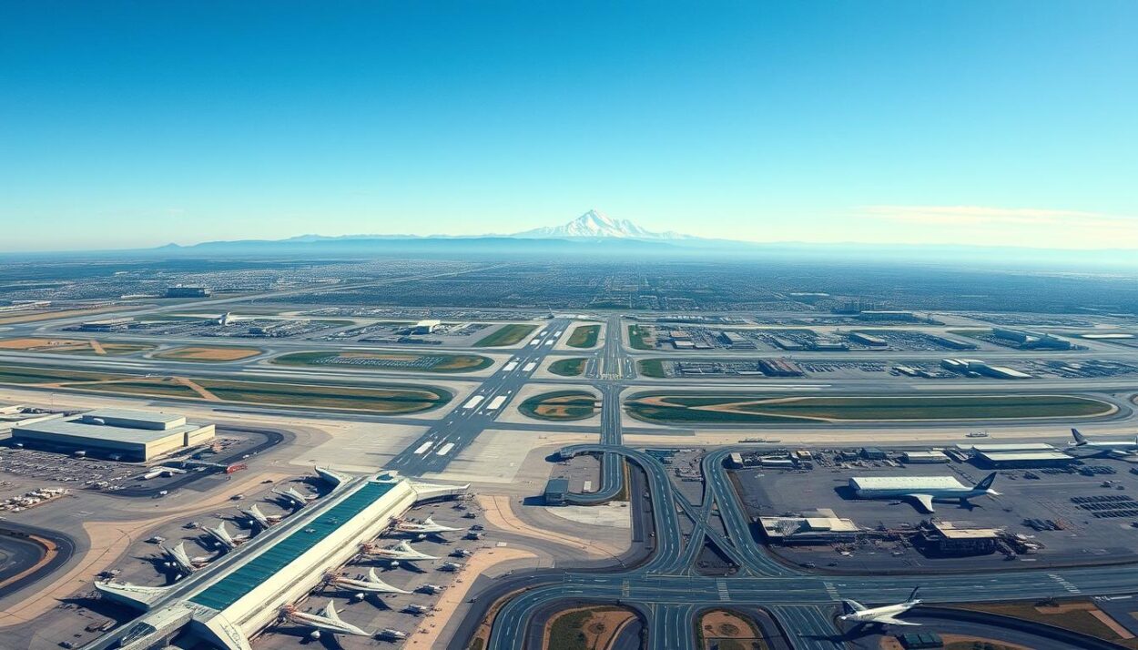 A panoramic aerial view of the top 10 busiest airports in the United States, captured on a clear day with crisp, cinematic lighting. In the foreground, the runways and terminals of the airports are clearly visible, their intricate layouts and diverse architectural styles on full display. In the middle ground, the surrounding urban landscapes and transportation networks that connect these vital hubs are showcased, hinting at the scale and importance of these airports. In the background, a majestic mountain range or vast expanse of sky provides a breathtaking backdrop, emphasizing the grandeur and significance of these aviation landmarks. The scene conveys a sense of order, efficiency, and the relentless flow of global air travel, all captured in a cohesive, visually striking composition.