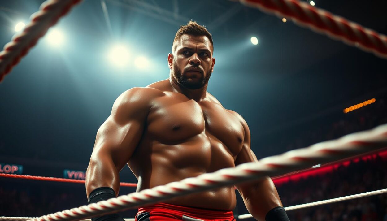 A powerfully built wrestler, Tyrus, stands in the center of the frame, his muscular frame tense and ready for action. The bright spotlight illuminates his chiseled features, casting dramatic shadows that accentuate his intense expression. In the foreground, the ring ropes create a sense of depth, while the distant crowd creates a captivating backdrop, hinting at the electric atmosphere of the match. The camera angle is low, emphasizing Tyrus' towering presence and the sheer force of his physicality. The overall mood is one of energy, tension, and the raw power of a professional wrestler at the peak of his performance.