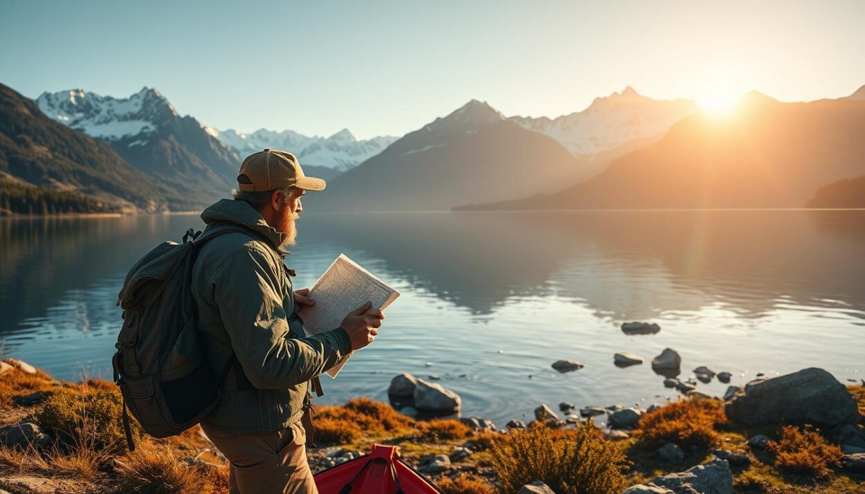 A rugged explorer navigates a serene mountain lake, its calm waters reflecting the surrounding peaks. In the foreground, the guide examines a map, backpack and equipment at the ready. The middle ground reveals a picturesque shoreline, dotted with boulders and lush vegetation. In the distance, towering snow-capped mountains rise majestically, the scene bathed in warm, golden light from a low-angled sun. A sense of adventure and discovery pervades the tranquil landscape, inviting the viewer to join this expedition into the heart of nature's deepest secrets.