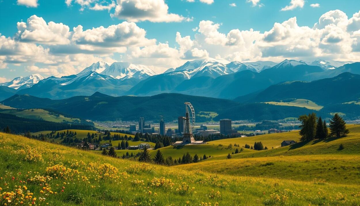 A serene and picturesque landscape depicting the top 10 happiest states in the US in 2025. In the foreground, lush green meadows dotted with vibrant wildflowers and rolling hills stretch out, with snow-capped mountains rising majestically in the distance. The sky is a brilliant azure, with fluffy white clouds drifting lazily overhead, casting soft shadows across the scene. The lighting is warm and golden, creating a sense of contentment and well-being. In the middle ground, various landmarks and iconic structures representing the happiest states are prominently featured, such as scenic coastlines, bustling city skylines, and tranquil rural retreats. The overall atmosphere is one of peace, prosperity, and boundless happiness, capturing the essence of the top 10 happiest states in the US in 2025.