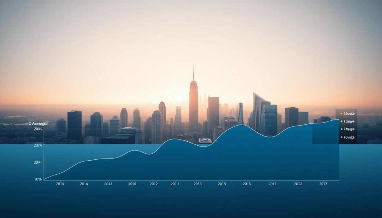 A serene and thought-provoking data visualization depicting the IQ economic indicator. In the foreground, a sleek, minimalist infographic showcases a line graph representing the IQ average across the United States, with subtle hues of blue and gray. The middle ground features a panoramic view of a modern city skyline, symbolizing the economic and social implications of these IQ trends. In the background, a soft, warm lighting illuminates the scene, creating an atmosphere of intellectual contemplation. The composition is balanced, with clean lines and a focus on conveying the significance of IQ averages in a visually compelling manner.
