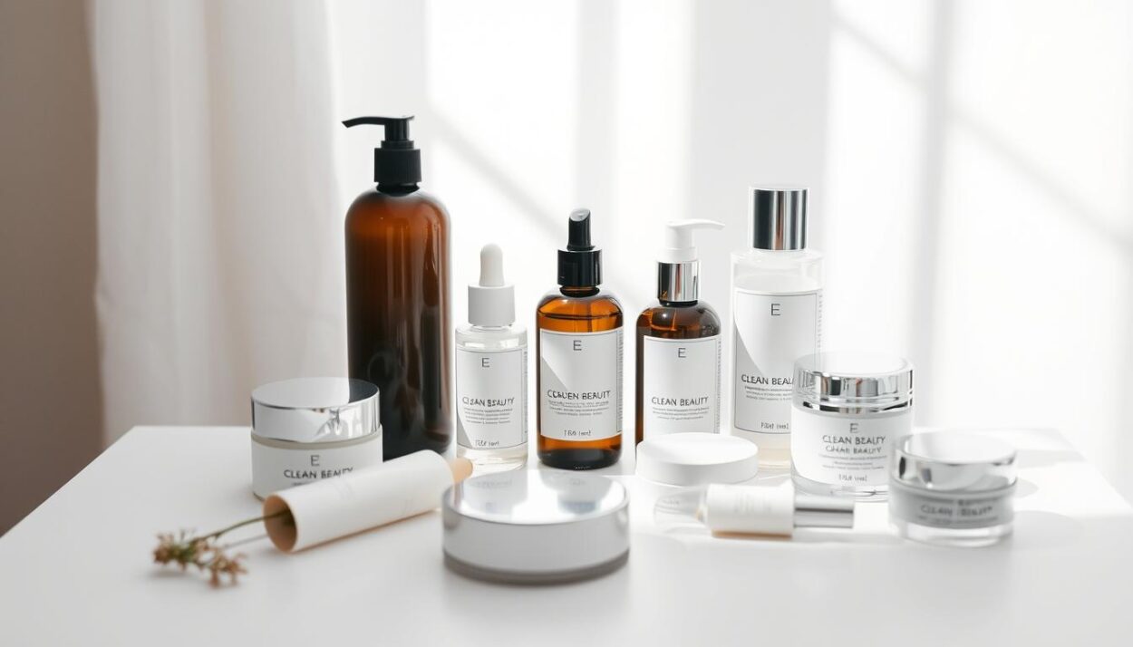 A serene, high-key studio shot of a selection of clean beauty skincare products arranged on a minimalist white table. The products are neatly laid out, showcasing their natural, organic ingredients and elegant, minimalist packaging. Soft, diffused natural lighting from above creates a luminous, ethereal atmosphere, highlighting the products' purity and simplicity. The background is blurred, placing the focus entirely on the skincare items. The overall impression is one of understated sophistication, reflecting the rise of the clean beauty trend in the United States.