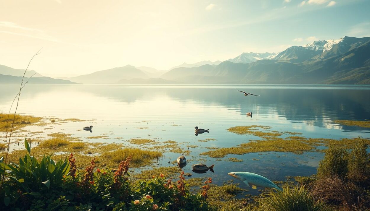 A serene lakeside scene depicting the ecological importance of deep freshwater lakes. In the foreground, a lush shoreline with diverse aquatic vegetation and thriving wildlife, including schools of fish, waterfowl, and wetland creatures. The middle ground features the vast, mirror-like expanse of the lake, its tranquil waters reflecting the surrounding landscape. In the background, majestic mountains rise up, their peaks capped with snow, creating a breathtaking natural backdrop. The lighting is soft and diffused, creating a warm, golden glow that enhances the tranquil atmosphere. The scene conveys the vital role these deep lakes play in sustaining diverse ecosystems, providing critical habitats, and regulating local climate and hydrology.