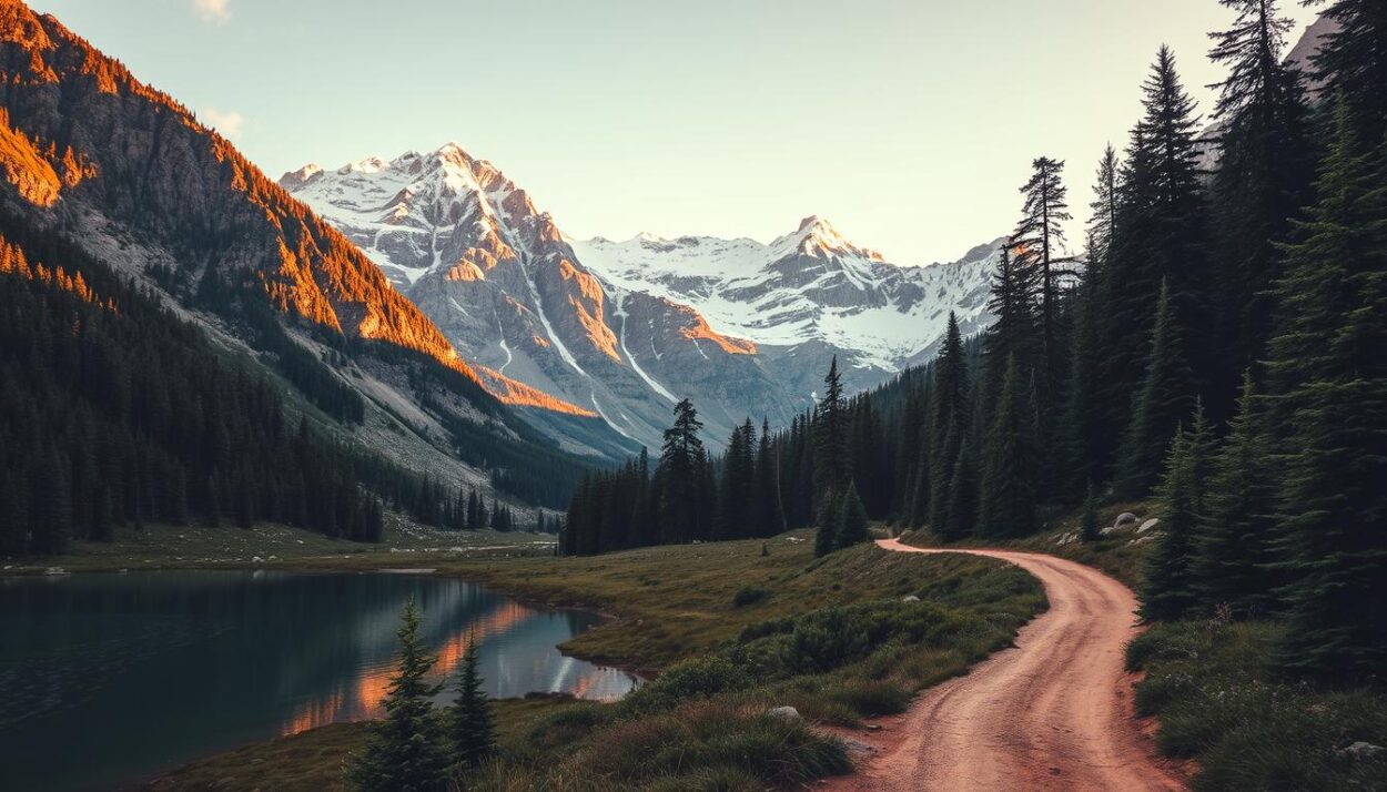 A serene landscape in a sparsely populated, mountainous region, bathed in the warm glow of golden hour. In the foreground, a crystal-clear alpine lake reflects the surrounding peaks, their snow-capped summits reaching towards a vibrant, pastel sky. Towering evergreen forests line the shores, their verdant hues contrasting with the shimmering water. A winding dirt trail meanders through the scene, inviting exploration of this untouched natural wonder. Soft, diffused lighting illuminates the tranquil atmosphere, creating a sense of peaceful solitude and harmony with the environment.