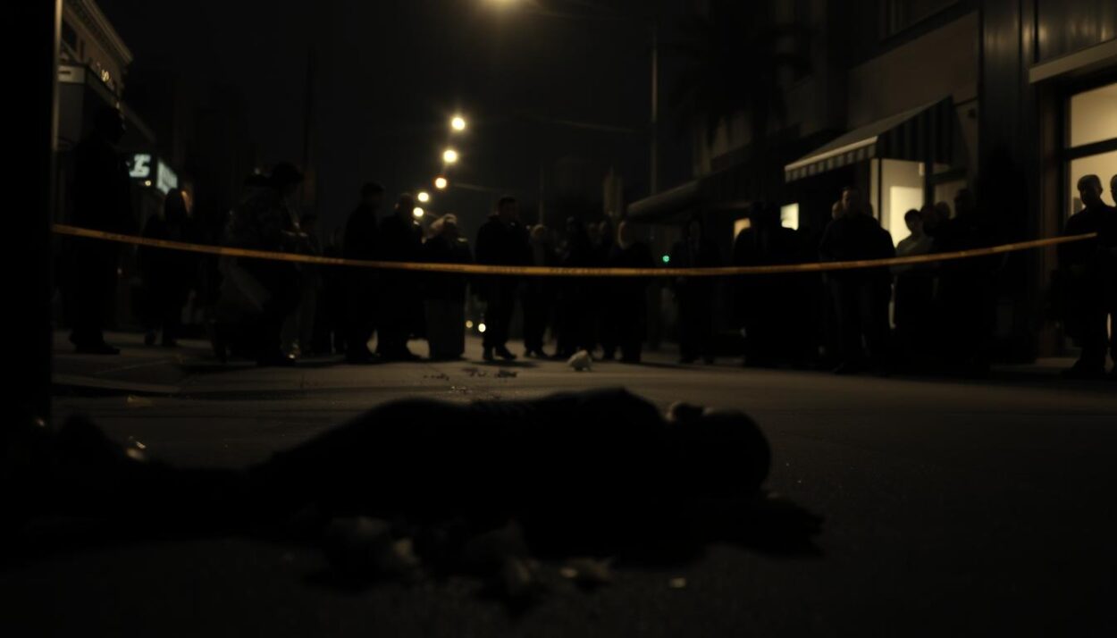 A somber, low-key scene depicting the tragic death of Xxxtentacion. In the foreground, a blurred silhouette of a body lying on the ground, surrounded by police tape and debris. The middle ground shows a crowd of onlookers, their faces obscured, conveying a sense of shock and mourning. The background is a dimly lit street, with buildings and streetlights casting long shadows, creating an atmosphere of sorrow and melancholy. The lighting is moody, with a soft, hazy glow, reflecting the solemnity of the moment. The overall composition evokes the somber aftermath of a violent incident, capturing the gravity and weight of Xxxtentacion's untimely demise.