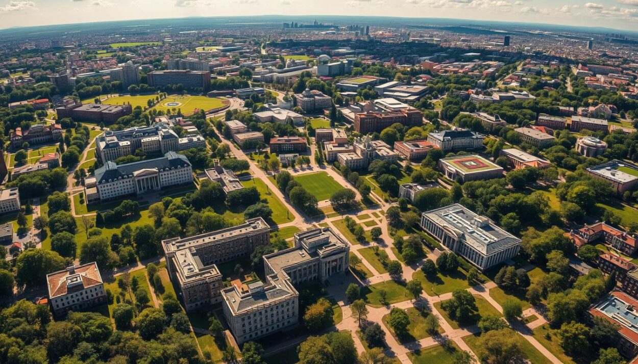 A sprawling bird's-eye view of the largest university campuses in the United States, showcasing their impressive scale and architectural grandeur. Majestic academic buildings, interconnected pathways, and lush greenery create a harmonious landscape. Sunlight filters through wispy clouds, casting warm shadows across the meticulously maintained grounds. In the foreground, a cluster of multistory dormitories and lecture halls stand as testaments to the campuses' ability to accommodate vast student populations. The middle ground reveals expansive sports facilities, research centers, and administrative hubs, all strategically positioned to serve the diverse needs of the academic community. In the distance, the campuses seamlessly blend with the surrounding cityscapes, underscoring their integral role within the urban fabric. This breathtaking panorama captures the essence of the largest and most influential university campuses in the United States.