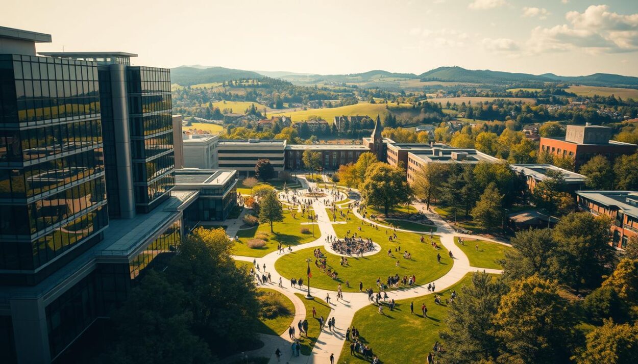 A sprawling university campus, its size influenced by various factors. In the foreground, a collection of modern, multi-story buildings with sleek, glass-paneled facades, reflecting the sun's rays. In the middle ground, a bustling student hub with lush green lawns, winding paths, and clusters of diverse students engaged in lively discussions. In the background, a picturesque landscape of rolling hills, dotted with mature trees, creates a serene backdrop. The scene is illuminated by warm, diffused lighting, capturing the vibrant energy and intellectual atmosphere of this thriving academic institution.