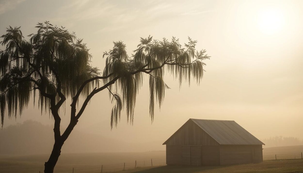 A sun-drenched landscape, hazy with a thick layer of humid air. In the foreground, a lone tree bends under the weight of moisture-laden leaves, its branches dripping with condensation. The middle ground depicts a weathered barn, its wooden siding glistening with beads of perspiration. Beyond, a range of rolling hills disappears into a shimmering, vapor-filled horizon. The sky above is a muted palette of grays and whites, the sun filtering through the humid atmosphere, casting a warm, diffused glow over the entire scene. Subtle camera lens distortion and a shallow depth of field heighten the atmospheric, immersive quality of the image.