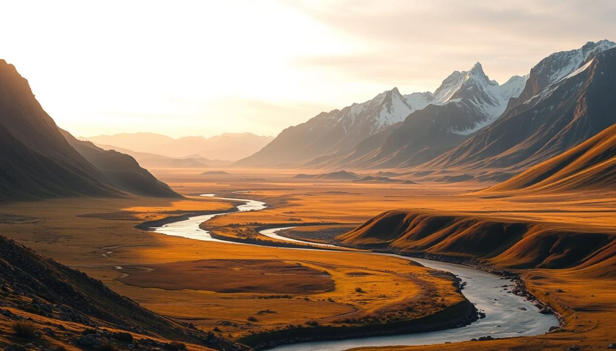 A sweeping vista of rugged terrain, where towering mountains and vast open plains converge to shape the geographic landscape of low population states. In the foreground, a winding river flows through a lush, verdant valley, while in the middle ground, rolling hills and grasslands stretch out as far as the eye can see. The background is dominated by the majestic silhouettes of snow-capped peaks, their jagged edges etched against a warm, golden sky. The scene is illuminated by a soft, diffused lighting that casts a serene, contemplative mood, capturing the vast, sparsely populated expanse that characterizes these remote, yet breathtaking regions.