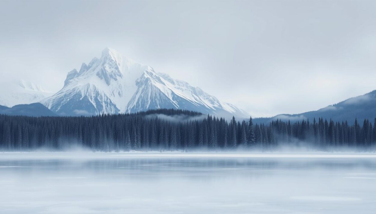 A vast, frozen landscape stretches out before the viewer, a tableau of icy splendor. In the foreground, towering snowcapped peaks rise up, their jagged edges glistening in the cool, diffused lighting. Beneath them, a frozen lake reflects the scene above, its surface a mirror of serene tranquility. In the middle ground, dense evergreen forests stand tall, their branches laden with heavy snow, creating a wintry wonderland. Wisps of mist drift through the trees, adding an ethereal quality to the scene. The background fades into a hazy horizon, where the sky blends seamlessly with the frozen earth, creating a sense of limitless expanse. The overall mood is one of stark, breathtaking beauty, a true embodiment of the freezing states that dot the American landscape.