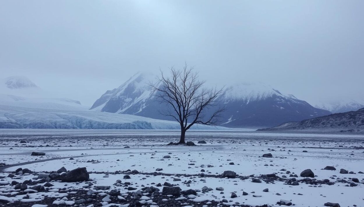 A vast, snowy landscape with towering mountains in the background, their peaks shrouded in mist. In the foreground, once-thriving glaciers have retreated, leaving behind stark, rocky terrain. The sky is a somber gray, casting a melancholic tone over the scene. Shards of ice litter the ground, a stark reminder of the changing climate. A single, solitary tree stands as a testament to the resilience of life, its bare branches reaching towards the heavens. The lighting is soft and diffused, creating a sense of eerie stillness. The camera angle is slightly elevated, giving the viewer a panoramic perspective of the desolate, yet hauntingly beautiful scene.