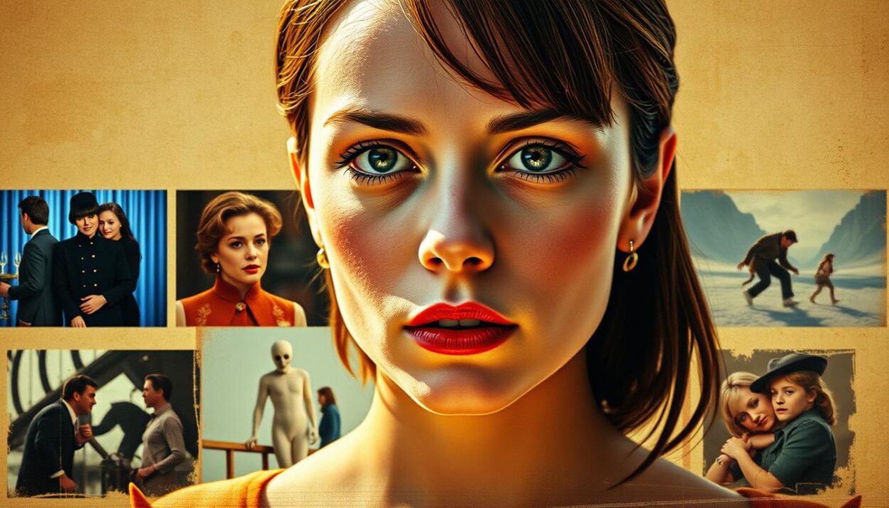 A vibrant collage showcasing Christina Ricci's breakout roles, captured with a cinematic flair. In the foreground, a close-up portrait of Ricci's captivating gaze, her features illuminated by natural lighting. In the middle ground, key scenes from her acclaimed performances in films like 