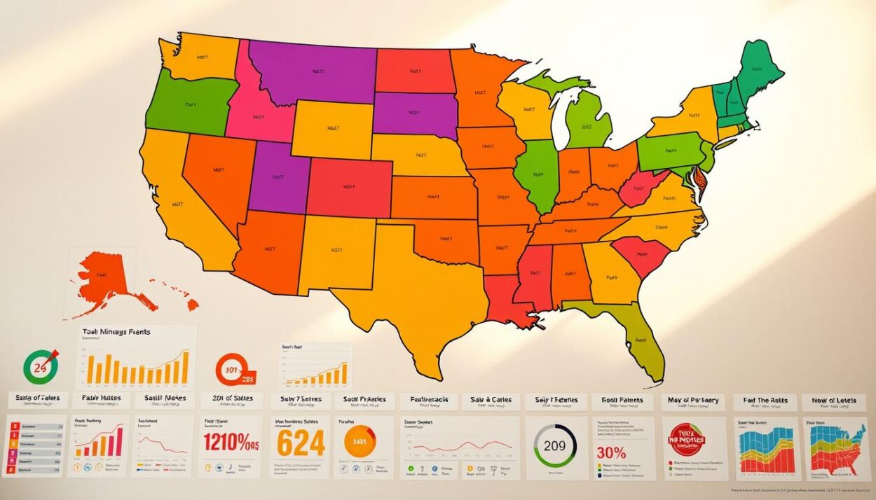 A vibrant, detailed map of the United States fills the frame, each state color-coded to represent its 2025 happiness level. The map is illuminated by warm, natural lighting, casting a cheerful glow over the landscape. In the foreground, a collection of small data visualizations and infographics provide deeper insights into the happiness metrics, presented in a clean, minimalist style. The overall mood is one of optimism and celebration, inviting the viewer to explore the nuances of well-being across the nation.