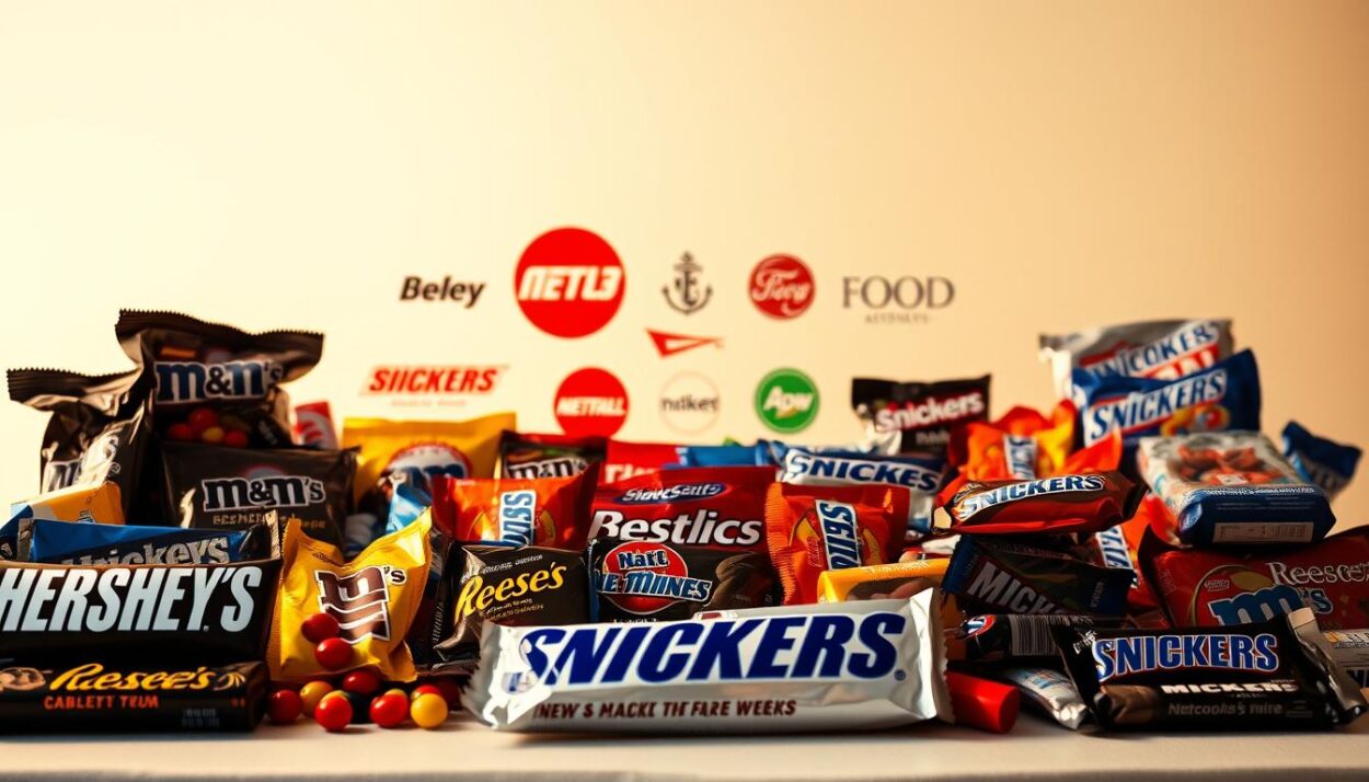A vibrant still life capturing the essence of leading American candy brands. In the foreground, an array of iconic confectionery packages - Hershey's, M&M's, Reese's, Snickers, and more - arranged with meticulous care against a soft, diffused background. Warm, golden lighting casts subtle shadows, highlighting the bold colors and textures of the candy wrappers. The middle ground features additional brand logos and product shots, creating a sense of depth and visual interest. The background is a minimalist, off-white backdrop, allowing the candy to take center stage. An atmospheric, high-quality image that perfectly encapsulates the diverse and beloved landscape of top US candy companies.