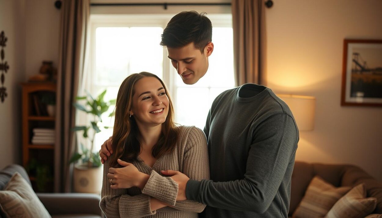 A warm and intimate portrait of Ashley Broad and her husband Jordan Broad, standing together in a cozy living room setting. The couple is framed in a medium shot, with Ashley leaning slightly into Jordan, her expression serene and content. Jordan has his arm around her, his gaze focused on her lovingly. Soft, diffused lighting from a nearby window creates a gentle, romantic atmosphere, accentuating the couple's connection. The background is slightly blurred, allowing the viewer to focus on the couple's connection. The image conveys a sense of companionship, trust, and devotion between the two subjects.
