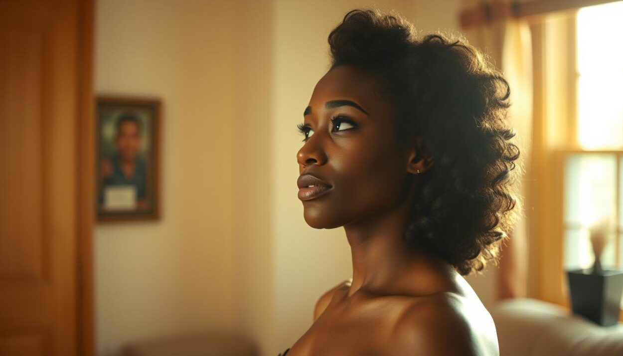A warm, introspective portrait of Dee Williams in her early life. She stands in a cozy, sunlit room, gazing thoughtfully into the distance. Her expression is serene, her posture relaxed. The background is softly blurred, emphasizing the intimacy of the moment. Soft natural lighting highlights the delicate features of her face and the gentle curves of her form. The lens captures her in a three-quarter profile, creating a sense of quiet contemplation. An aura of tranquility and introspection pervades the scene, inviting the viewer to connect with the subject's inner world.