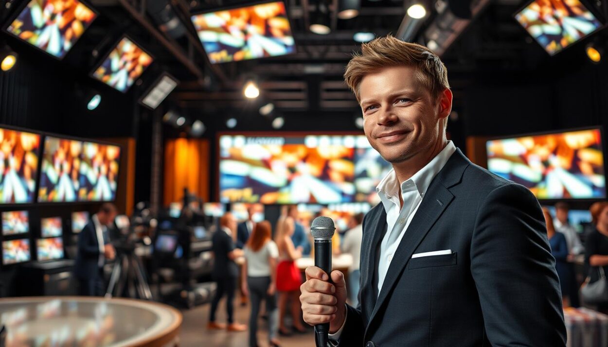 A well-lit, cinéma vérité-style portrait of Ryan Seacrest, the iconic host of multiple high-profile television shows. In the foreground, Seacrest stands confidently, microphone in hand, framed by a backdrop of sleek studio equipment and monitors displaying vibrant, fast-paced clips from his various programs. The mid-ground features a lively production crew bustling about, capturing the energy and excitement of live television. The background subtly suggests the grandeur of the stage, with dramatic lighting and a sense of scale that conveys the magnitude of Seacrest's career-defining roles. The overall atmosphere evokes a balance of professionalism, star power, and the thrill of live broadcast television.