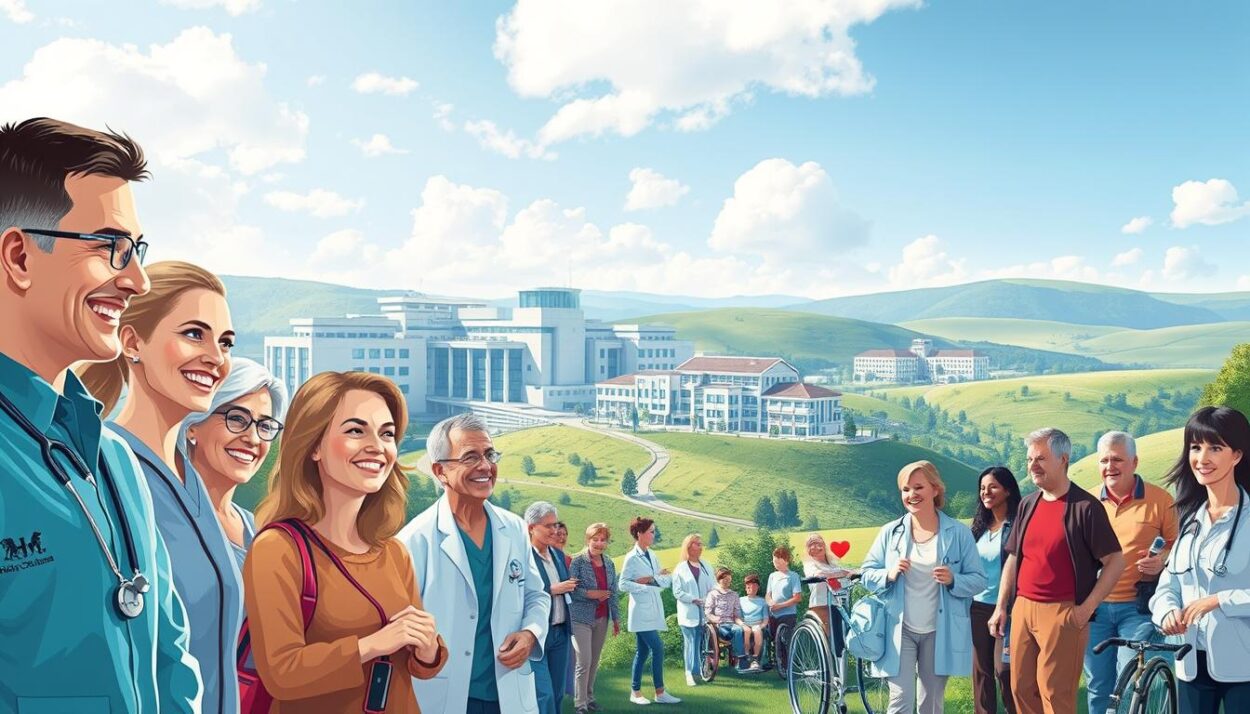 A well-lit, high-quality digital illustration depicting the key benefits of the German healthcare system. In the foreground, a diverse group of people - young, old, able-bodied and disabled - all enjoying high-quality medical care, with smiling faces and expressions of contentment. In the middle ground, state-of-the-art hospitals and clinics, their modern architecture and advanced equipment symbolizing the system's technological prowess. In the background, rolling green hills and a clear blue sky, representing the system's comprehensive coverage and universal accessibility. The overall scene conveys a sense of security, equity, and nationwide wellbeing enabled by Germany's renowned healthcare program.