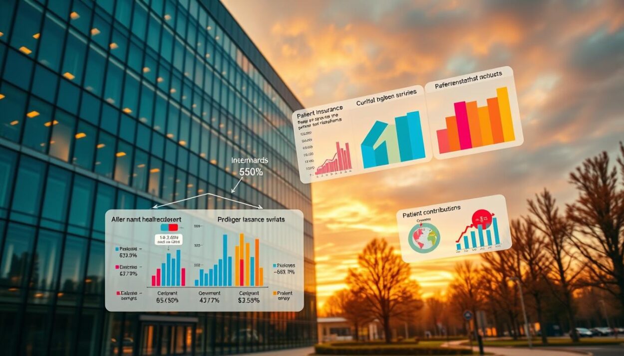 A wide-angle, cinematic view of a modern German hospital, its sleek, glass facade reflecting the city skyline. In the foreground, a diagram depicting the intricate interplay of healthcare costs, government subsidies, and patient contributions. Vibrant charts and graphs hover in mid-air, conveying the nuances of the German system - copayments, deductibles, and the delicate balance of public and private insurance. The scene is bathed in a warm, amber light, evoking a sense of stability and reliability within the German healthcare landscape.