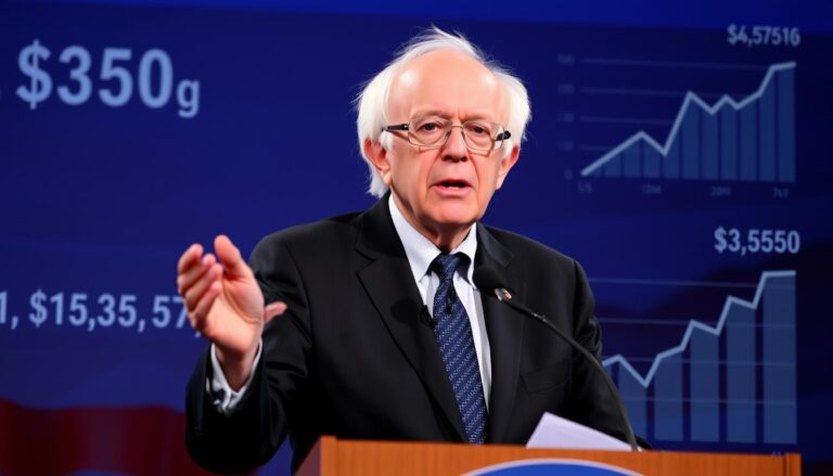 Bernie Sanders speaking at a podium with financial graphs overlaid