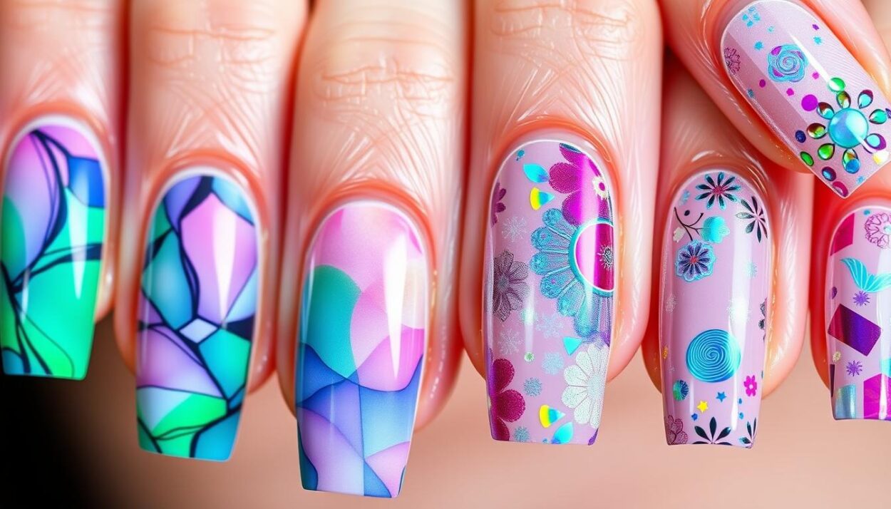 Creative short nail art techniques, including gel nails and nail stickers