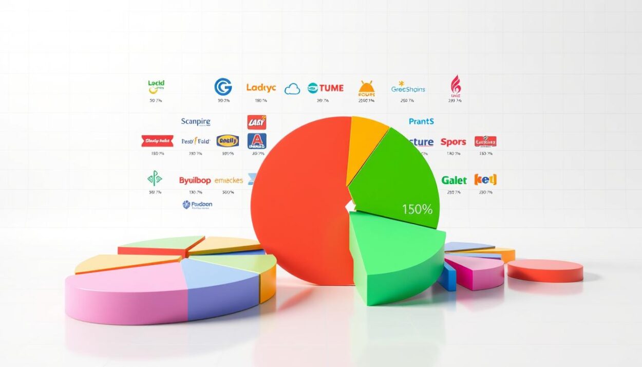 Detailed grocery market share visualization depicting the 17 largest US supermarket chains in 2025. Vibrant, high-resolution 3D infographic with clean, minimalist design. Foreground shows colorful pie chart segments representing market share percentages. Middle ground features modern store icons, logos, and brand names arranged in a grid layout. Background has a crisp, bright white backdrop with subtle grid lines. Realistic lighting casts soft shadows and highlights the dimensional elements. Camera angle is slightly elevated to provide an expansive overview of the full data visualization. The overall tone is professional, informative, and impactful.