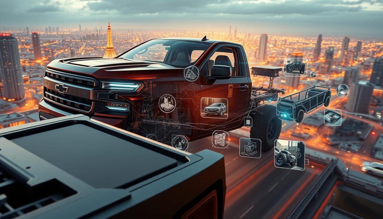 Prominent modern pickup truck features and innovations, showcased in a dramatic, high-angle perspective. A sleek, aerodynamic truck frame dominates the foreground, detailed with metallic accents and bold, angular design elements. In the middle ground, a range of cutting-edge technologies are displayed, including advanced driver assistance systems, versatile cargo management solutions, and hybrid powertrain options. The background depicts a futuristic urban landscape, with skyscrapers and infrastructure illuminated by warm, golden lighting that creates a sense of progress and technological advancement. The overall composition conveys the power, utility, and innovative spirit of the top truck models of 2025.