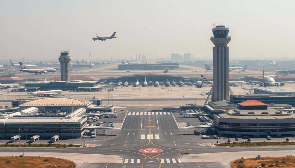 Prompt A panoramic view of the five busiest airports in the United States, showcasing their grand terminals, bustling runways, and towering control towers. The scene is captured in a detailed, photorealistic style, with a crisp, clear lighting that highlights the architectural elegance and scale of these aviation hubs. The perspective places the viewer slightly elevated, allowing for a sweeping overview of the airports' layout and infrastructure. In the foreground, the silhouettes of commercial airliners taking off and landing create a sense of constant motion and energy, while the background features a hazy skyline, emphasizing the airports' central role in the nation's transportation network. The image conveys the magnitude, efficiency, and importance of these top passenger traffic destinations.
