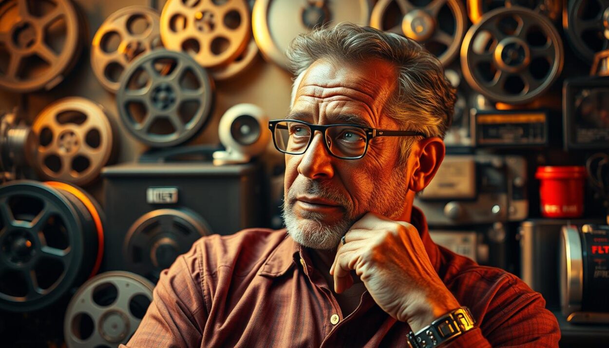 a photorealistic portrait of Thomas Payton, a renowned film director and producer, in a thoughtful pose against a backdrop of classic film reels, film canisters, and various movie production equipment, bathed in warm, golden lighting that enhances the sense of cinematic nostalgia; Payton's face radiates a sense of accomplishment and creative vision, capturing his significant contributions to the film industry over the years