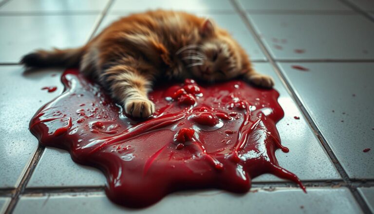 cat vomit tinged with blood