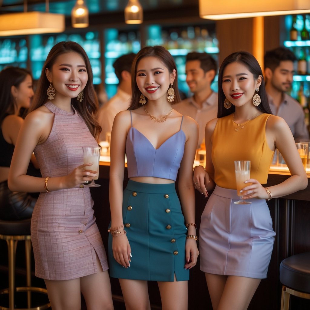 A group of young adults dressed in stylish outfits socializing in a modern bar.
