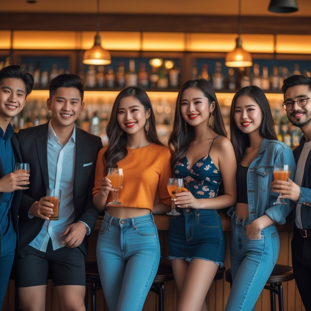 A group of young adults socializing and enjoying drinks in a modern bar, wearing a variety of stylish outfits.